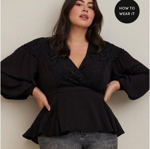 Crinkle Gauze Lace Inset faux wrap top size 1